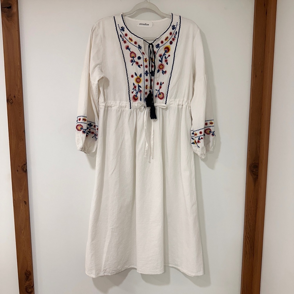 Shineflow Embroidered Boho Midi Dress Womens Large White Floral Tassel | Folk